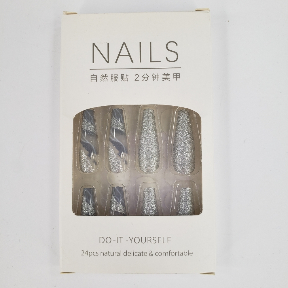 Silver Glitter Press On Nails 25 Pc Set Long Coffin Shape Marble Design w/ Glue